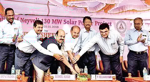 Susheel Kumar Shinde, Secretary, Ministry of Coal, inaugurating the 130 MW solar power project in Neyveli on Monday | Express