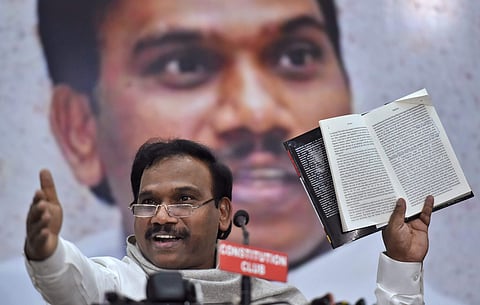 Former Telecom Minister A Raja addresses the gathering at his book launch 'The 2G Saga Unfolds' in New Delhi on Saturday. PTI Photo