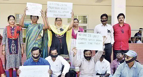 Raj Bhavan govt school teachers staging a protest on the school premises in Hyderabad on Friday | Vinay Madapu