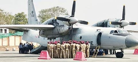 Students do a ‘recce’ of an Antonov An-32 as part of ‘Know Your Forces’ programme in the Air Force Technical Area of the Southern Air Command at Shangumugham on Friday