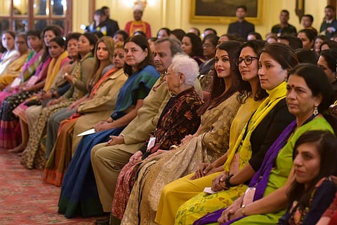 Women achievers including actor Aishwarya Rai, biker Alisha Abdullah present at the felicitation ceremony in Rashtrapati Bhavan. (PTI Photo)