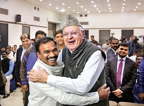 Former Telecom minister A Raja with National conference leader Farooq Abdullah before release his book ‘2G Saga unfolds’ in New Delhi on Saturday | (Shekhar Yadav | EPS)