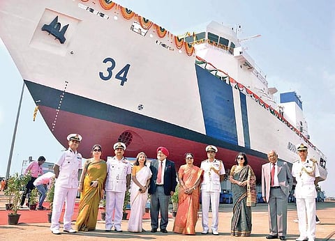 Jayanthi Natarajan, wife of Coast Guard (Western seaboard) Commander and Additional Director General K Natarajan, Commander Coast Guard Region (East), Inspector General Rajan Bargotra, Head of Ship Building, L&T Vice Admiral B Kannan (retd) and other offi
