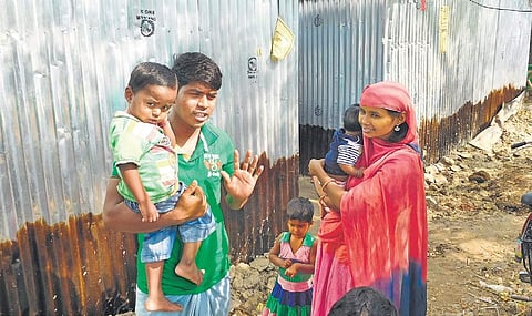 Shahidul Islam with his wife Momena Akhtar and their children at the Rohingya settlement in Hardah village in South 24 Parganas district I Aishik Chanda