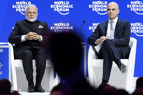 Swiss Federal President Alain Berset and India's Prime Minister Narendra Modi attend the plenary session | AP