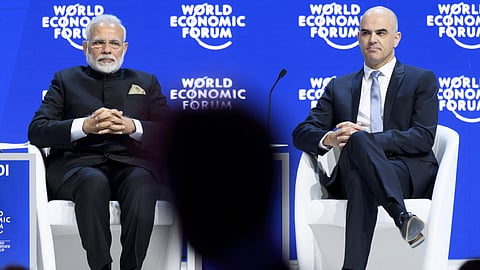 Swiss Federal President Alain Berset and India's Prime Minister Narendra Modi attend the plenary session of World Economic Forum in 2023| AP (file photo)