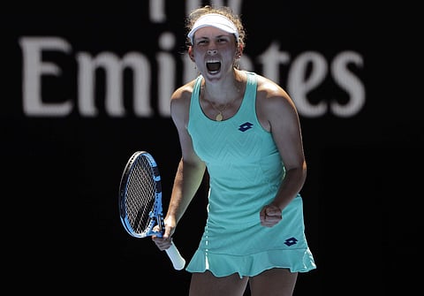 Belgium's Elise Mertens celebrates after winning a point against Ukraine's Elina Svitolina during their quarterfinal at the Australian Open tennis championships in Melbourne. | AP