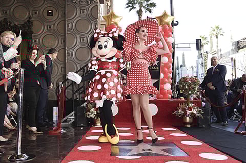 Minnie Mouse, left, and Katy Perry attend a ceremony honoring Minnie with a star on the Hollywood Walk of Fame. (Photo | AP)
