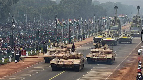 Army tanks move past the saluting dias during full dress rehearsal for the 69th Republic Day Parade at Rajpath in New Delhi. (Photo | AP)