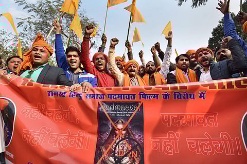 Karni Sena members protest against the release of film 'Padmaavat' in Patna on Wednesday. (PTI)