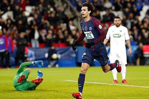 PSG's Javier Pastore celebrates after scoring his side's third goal, during the French Cup soccer match, between Paris Saint-Germain and Guingamp at the Parc des Princes Stadium, in Paris. | Photo: AP