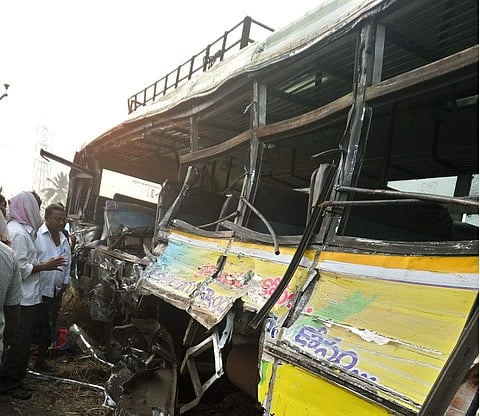 The mangled remains of the APSRTC bus which collided with a truck killing 5 people in West Godavari district of Andhra Pradesh. (EPS)
