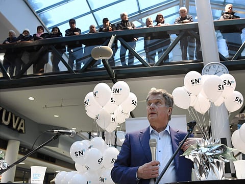 This is a Dec. 16, 2017 file photo of Independent candidate and current President Sauli Niinisto campaigns in a shopping centre in Kouvola, Finland, The first round of the Finnish Presidential election takes place on Sunday Jan. 28. (Photo | Associated Pr