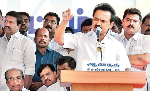 M K Stalin addresses a rally against bus fare hike on Saturday | Express