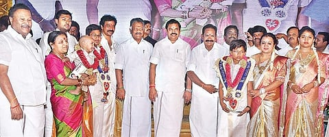 Chief Minister Edappadi K Palaniswami attending a family function at Minister Sellur K Raju’s house in Madurai on Saturday | Express
