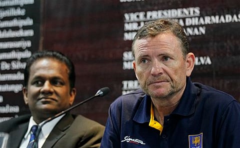 Sri Lanka Cricket President Thilanga Sumathipala, left with Sri Lankan cricket coach Graham Ford. | File | AP