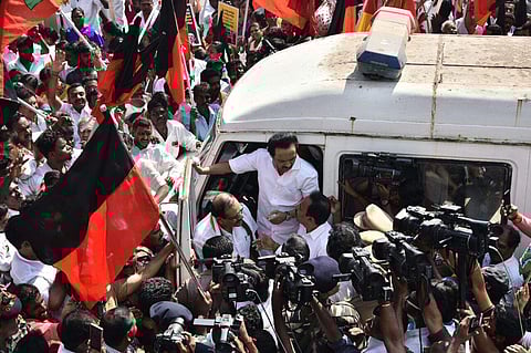 DMK working president MK Stalin leads the Alliance parties to protest against the Tamil Nadu bus fare hike in Chennai on Monday. (Express Photo Service | P Jawahar)