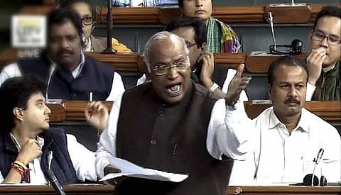 Congress leader Mallikarjun Kharge speaks in the Lok Sabha. | PTI