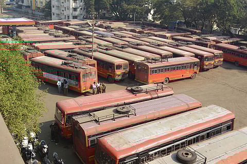 Karad Buses parked at a depot following the bandh called by Dalit groups against the Bhima Koregaon violence in Karad Maharashtra on Wednesday. (Photo | PTI)