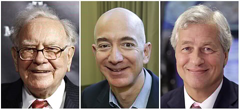 (L-R) Warren Buffett, Jeff Bezos, CEO of Amazon.com, and JP Morgan Chase Chairman and CEO Jamie Dimon | AP