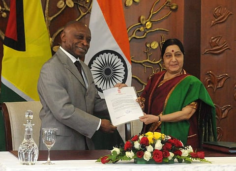 India and Guyana signed 2 MoUs on cooperation in Renewable Energy and Cultural Exchange Programme. (Photo | Raveesh Kumar Twitter)