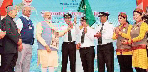 Prime Minister Narendra Modi with other leaders and officers launching the UDAN —Regional Connectivity Scheme for Civil Aviation | File Pti