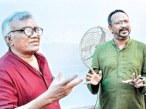 JNU professor Gopal Guru (left) and Ramon Magsaysay awardee Bezawada Wilson during a panel discussion at book festival in Vijayawada | express
