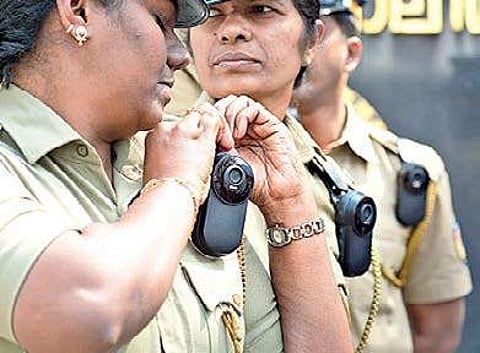 A civil police officer wearing the new body-worn camera of Kerala Police in front of Police Headquarters in Thiruvananthapuram | Manu R Mavelil