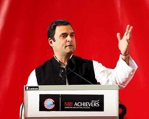 Congress president Rahul Gandhi addresses valedictory function organised by Global Organisation of People of Indian Origin in Bahrain on Monday. | PTI