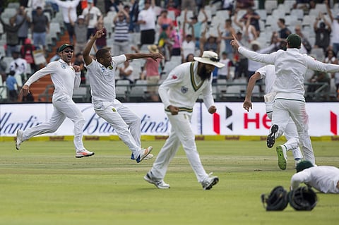 South African team celebrates winning the first test match against India | AP