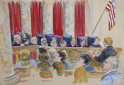 This courtroom sketch depicts Attorney Brenda G. Bryn, far right standing, speaking in front of from l-r, Associate Justice Neil Gorsuch, Associate Justice Sonia Sotomayor, Associate Justice Stephen Breyer, Associate Justice Clarence Thomas, Chief Justice