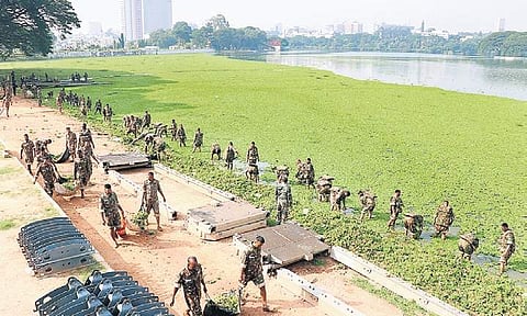 Over a 1,000 armymen waded into Ulsoor lake’s contaminated waters to remove the invasive water hyacinth plants that had taken over
