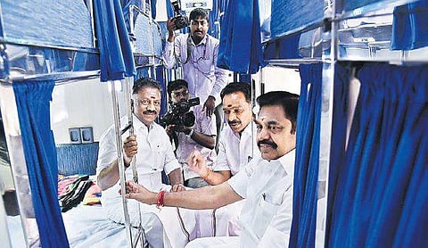 CM Edappadi K Palaniswami, Dy CM O Panneerselvam & Transport Minister M R Vijayabhaskar in a new bus in Chennai on Wednesday. (Photo | P Jawahar/EPS)