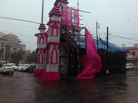 A damaged Durga Puja pandal after strong wind hits Berhampur on Thursday. (Photo | Biswanath Swain/EPS)