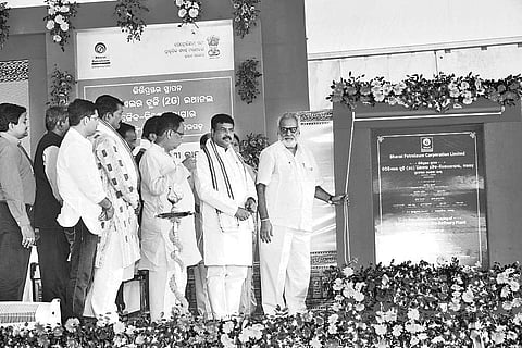 Governor Prof Ganeshi Lal, Union Petroleum Minister Dharmendra Pradhan and other dignitaries laying foundation stone of the plant on Wednesday | EXPRESS