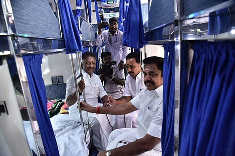 CM Edappadi K Palaniswamy, Deputy CM O Panneerselvam and Transport Minister M R Vijayabhaskar in a new bus. ( Photo | P Jawahar/ EPS)