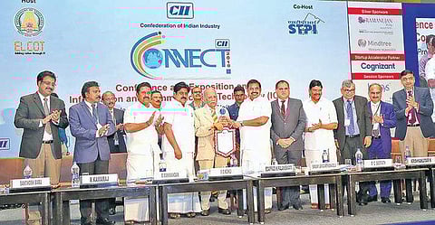 Dr F C Kohli, the first CEO of TCS, receiving Life Time Achievement Award from CM Edappadi K Palaniswami at the valedictory session of Connect 2018 | Express