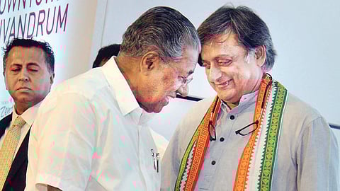 Chief Minister Pinarayi Vijayan being greeted by Shashi Tharoor MP after the former inaugurated the work of Taurus Downtown project to come up at Technopark, T’Puram | VIncent pulickal