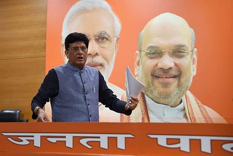 Railway Minister Piyush Goyal while talking to media personnel on Friday 12 October at BJP headquarters in Delhi. (Photo | ENS)
