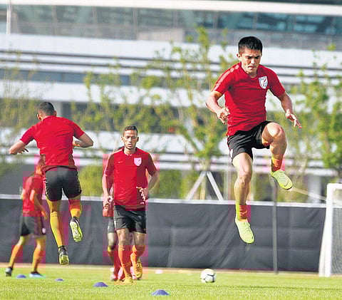 Sunil Chhetri during practice ahead of India’s friendly against China in Suzhou City.