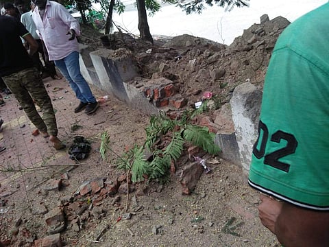 A concrete wall was damaged in the impact of the explosion. (Photo | EPS)