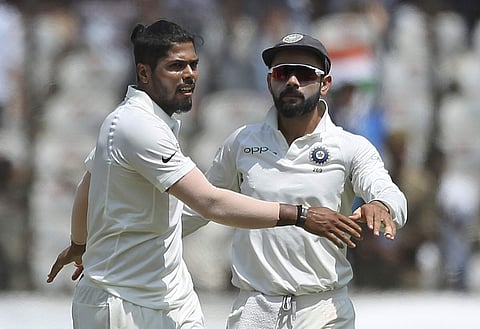 Umesh Yadav's maiden 10-wicket haul (6/88 and 4/45) on a decent track was the highlight as India reached the meagre victory target of 72 in 16.1 overs. (Photo | AP)