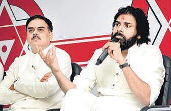 Jana Sena chief Pawan Kalyan along with Nadendla Manohar addressing media in Vijayawada | Express