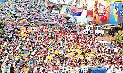 Hundreds of women taking part in the protest march organised in Adoor on Saturday against the Supreme Court verdict allowing women of all ages to enter the Sabrimala temple | SHAJI VETTIPURAM