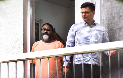 Self-styled godman Daati Maharaj at Crime Branch office in Chanakyapuri for questioning in connection with the rape case of a 25-year old woman in New Delhi on Tuesday June 26 2018. | (Parveen Negi | EPS)