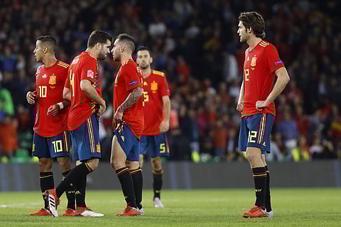 Spanish players react after the UEFA Nations League match between against England at Benito Villamarin stadium, in Seville | AP