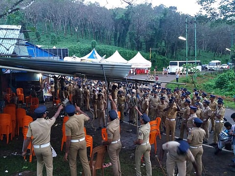Police forcefully removed the protesters and dismantled the panthal by agitators at Nilakkal in Sabarimala on Wednesday morning. (Photo: EPS / BP Deepu)