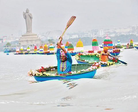 A coracle race was held at Hussain Sagar Lake to mark Bathukhamba. (Photo| EPS)