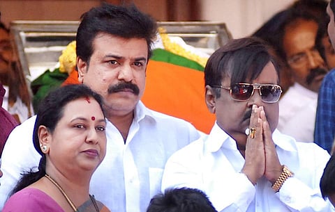 Premalatha and DMDK chief and her husband Vijayakanth. (Photo | File/ EPS)