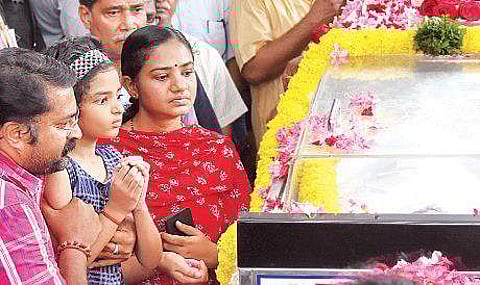People pay last respects to musician Balabhaskar at University College in Thiruvananthapuram on Tuesday B P Deepu